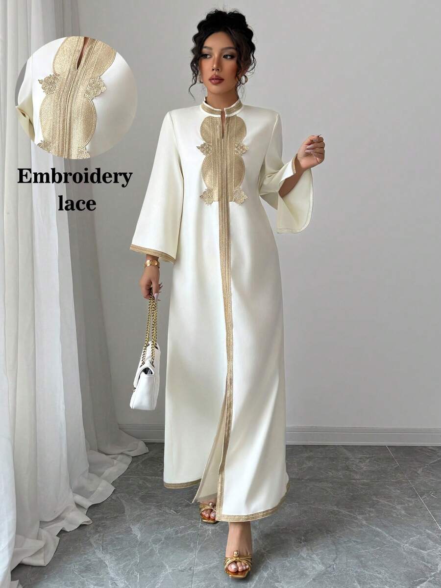 Elenzga 女士优雅 V 领刺绣蕾丝拼布开衩下摆连衣裙