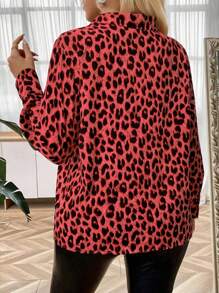 SHEIN LUNE Women Plus Size Leopard Print Long Sleeve Single Breasted Cargo Pocket Casual Shirt - Red - View 3