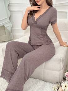 Côtesoire 2pcs Women Solid Color V-Neck Contrast Lace Waist Cinching Short Sleeve Pajama Set - Dusty Purple - View 5