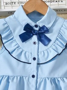 SHEIN Back To School Girls Academy Style Sleeveless Blue & White Ruffle Trim Cardigan Dress