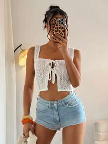 Chiquease Sleeveless Women Hollow Out Knitted Top With Front Bowknot & Square Neck - White - View 3