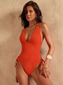 Swim Chiccia 1 件女式纯色连体泳衣，简约时尚，适合夏季 - 珊瑚橙 - 查看 5