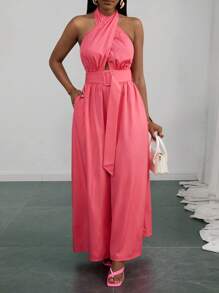 Slaydiva Neue Ärmellose Jumpsuit mit V-Ausschnitt, elastischem Bund, Taschen, Urlaubs-Lässig Rosé-Rot, Frühling/Sommer - Heißes Pink - Übersicht 7