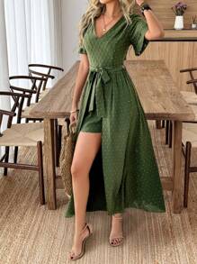SHEIN Clasi Solid Color Lace-Up V-Neck Short-Sleeved Long Flowy Spring/Summer Jumpsuit For Women