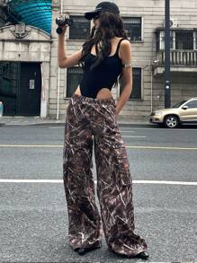 SHEIN EZwear 女士春夏节日西部风情摇滚街头服饰森林迷彩树枝图案弹性腰带工装裤 - 棕色 - 查看 4