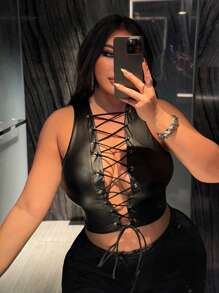 NU&NOW Plus Size Women PU Solid Color Sexy Lace-Up Top