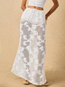 Poéselle 别致的花卉图案钩针长裙 - 非常适合海滩日和夏季聚会，女士钩针裙，波西米亚风长裙，白色夏季裙，优雅的海滩罩衫，花卉夏季时尚 - 白色 - 查看 6