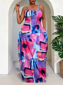 Slaydiva Plus Size Women Geometric Printed Sleeveless Casual Beach Dress With Pockets, Versatile For Spring & Summer - Multicolor - View 3