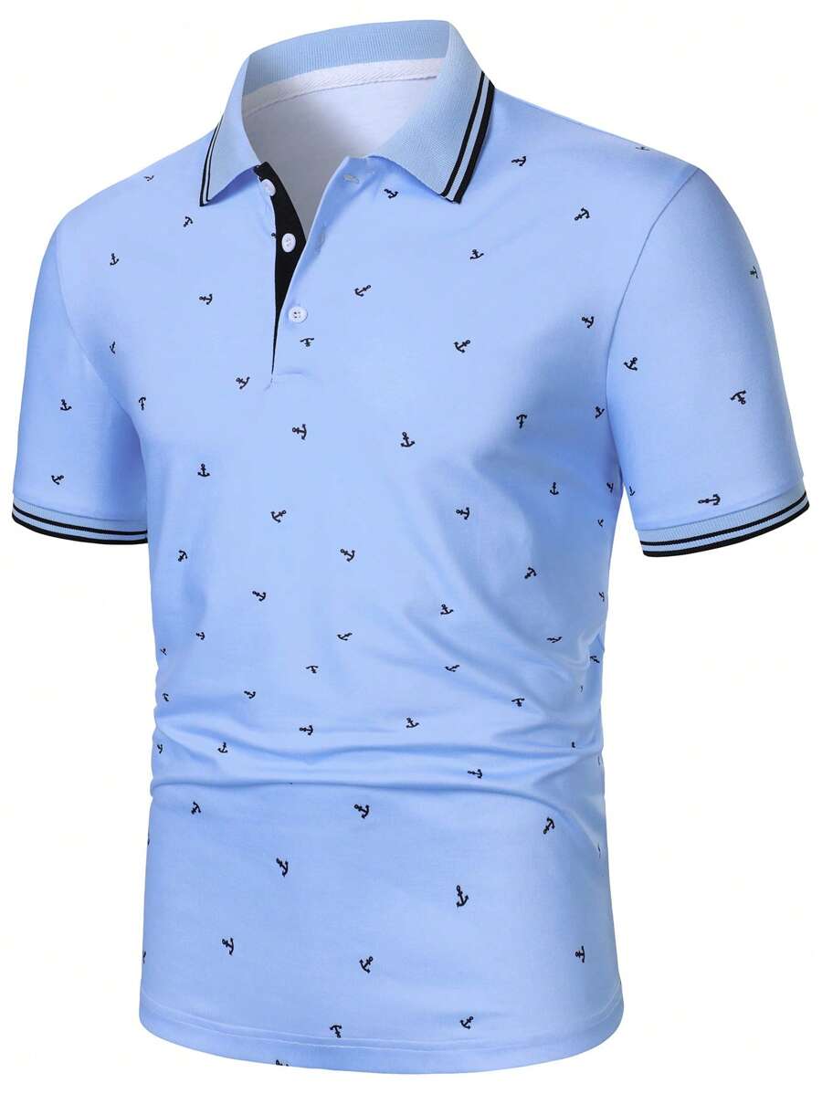 Calvornis 男士夏季休闲锚印花短袖 Polo 衫，男士高尔夫 Polo 衫趣味印花 - 淺藍色 - 查看 1