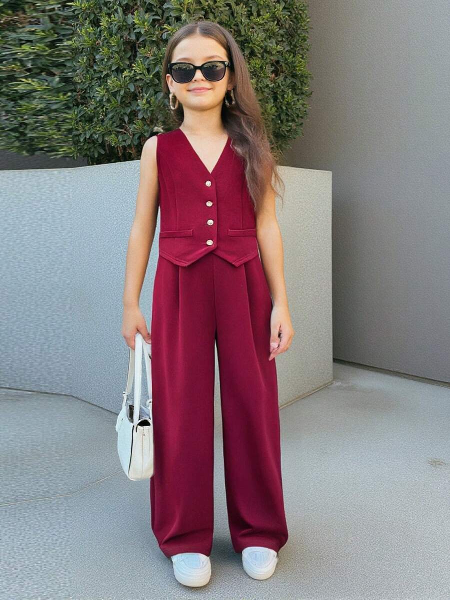 SHEIN Nova Glow Tween Girls Casual Street Style Woven Sleeveless Top And Straight-Leg Pants 2 Pieces Set - Burgundy - View 1