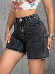 SHEIN PETITE 女士休闲口袋磨边牛仔短裤，百搭 - 黑色 - 查看 4