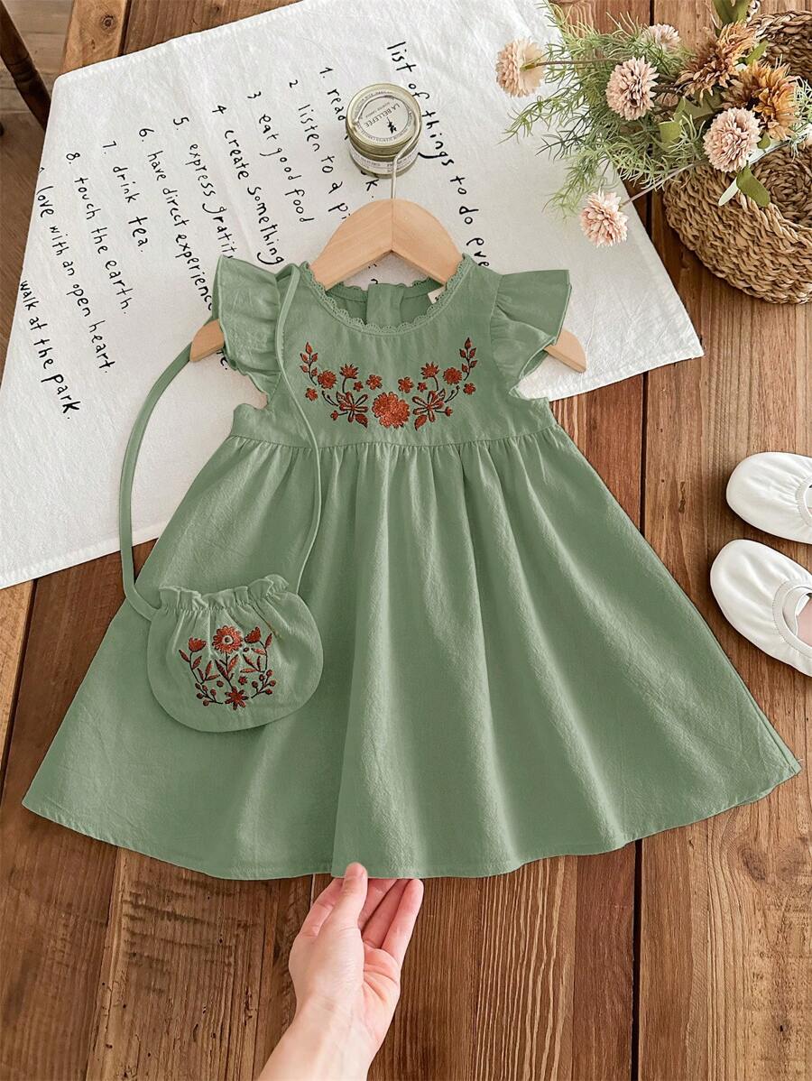 LMoss Kids LMoss Baby Girl Woven Embroidered Round Neck Ruffle Hem Dress With Diagonal Shoulder Bag,Sisters Outfit,Suitable For Spring And Summer - Green - View 1