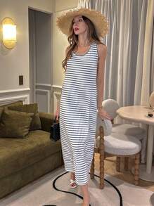 Chiquease French Style Casual Minimalist Round Neck Sleeveless Loose Long Striped Knit Backless Tie-Back Dress, Summer - Black and White - View 1
