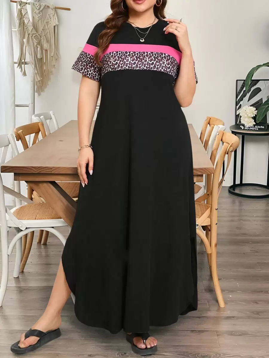 SHEIN LUNE Damen Große Größen Kleid mit Leoprint Patchwork, Rundhalsausschnitt, Kurzarm und gerundetem Saum, Lässig-Stil
