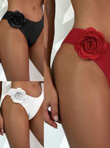 SHEIN Swim 3-Piece Set Women's Low Waist Fashion Simple Solid Color Floral Decor Bikini Swimwear For Vacation For Summer