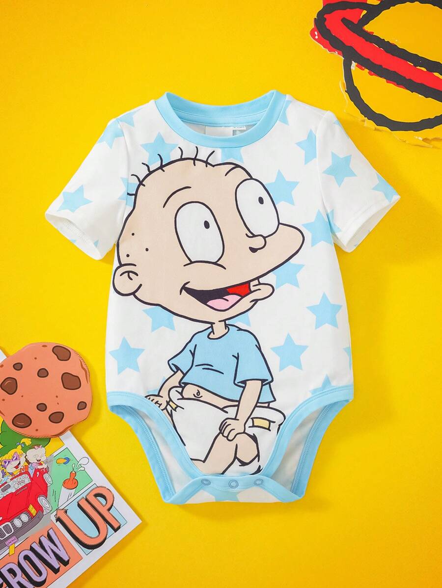 Nick 90s | SHEIN 男婴可爱卡通蓝色星星印花白色休闲紧身衣