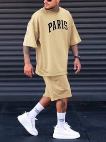 Manfinity Homme 2pcs/Set Plus Size Men's Letter Print Short Sleeve T-Shirt And Shorts - Apricot - View 3