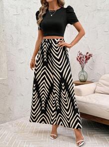 SHEIN Clasi Classic Women Crew Neck Ribbed Cropped Top & Wide Leg Pants, Navy Co-Ord Set With Print, Spring/Summer Vacation & Daily Elegant - Black - View 6