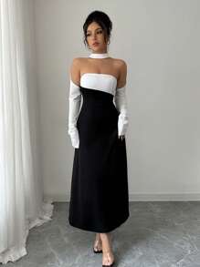 Elenzga 女士春夏优雅针织领披肩外套，黑白撞色，露肩镂空设计，A 字裙，适合约会、派对、婚礼、斋月、度假、音乐节