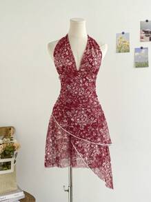 Soleia 酒红色复古花卉线条印花 V 领系带网眼褶皱浪漫假日女士迷你连衣裙