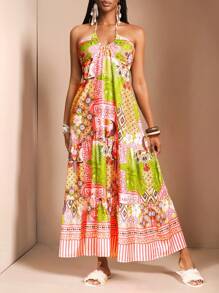 Slaydiva New Spring And Summer Holiday Halter Neck Strap Multi-Layer Splicing A-Hem Loose Rhinestone Retro Pattern Bird All-Over Printed Women's Long Dress-A