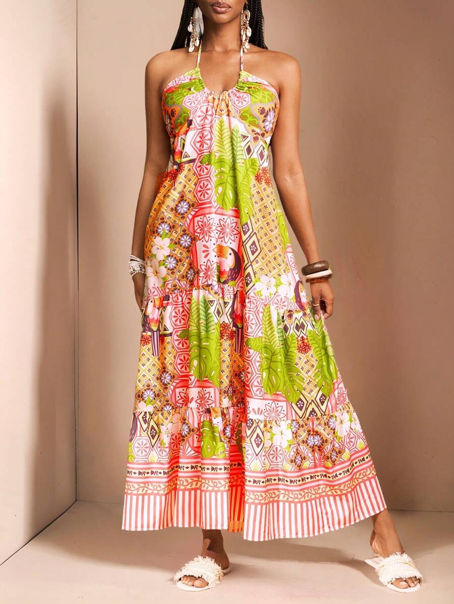 Slaydiva New Spring And Summer Holiday Halter Neck Strap Multi-Layer Splicing A-Hem Loose Rhinestone Retro Pattern Bird All-Over Printed Women's Long Dress-A