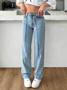 EURMUSE 女士休闲水洗高腰直筒牛仔裤 - 中等水洗藍 - 查看 4