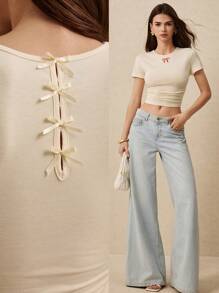 Poéselle 女士休闲蝴蝶结刺绣圆领短袖T恤，夏季，蝴蝶结T恤，杏色紧身T恤，可爱蝴蝶结 - 白色 - 查看 1