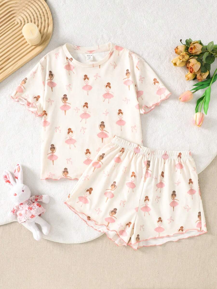 SHEIN Conjunto informal de Top holgada estampada de punto y pantalones cortos para niña preadolescente - Albaricoque - Ver 1