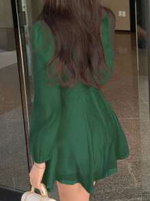 DAZY 女士小方领长袖短款连衣裙，粉色，春夏秋装太阳裙