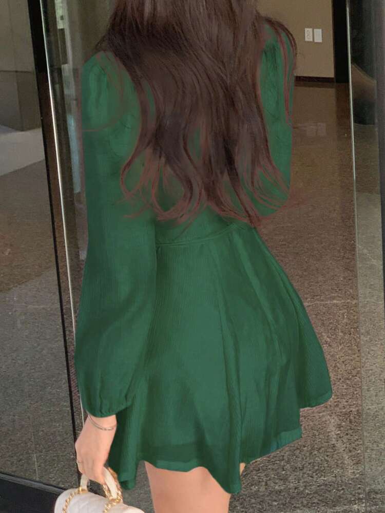 Women Small Square Collar Long Sleeve Short Dress, Pink, Spring/Summer/Autumn Sundress