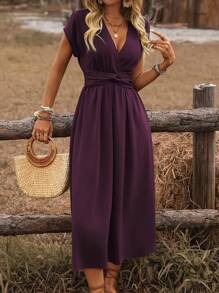 EMERY ROSE Vestido midi de manga abullonada con escote cruzado, cintura fruncida y espalda retorcida en estilo bohemio occidental casual para primavera/verano de mujer