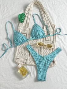 Swim Mod Beach Summer Outfits For Women: Random Plaid Spaghetti Strap Bow Cute 2 Pieces Bikini Set - Blue - View 1