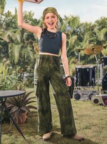 SHEIN 2025 Spring/Summer New Casual Comfortable Distressed Vintage Military Green Tween Girls' Pants, Suitable For Daily Wear, Outdoor Play, And Family Vacation