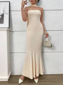 Modelyn Abito elegante lungo da donna, aderente, con scollo a barca e orlo a sirena, di colore uniforme