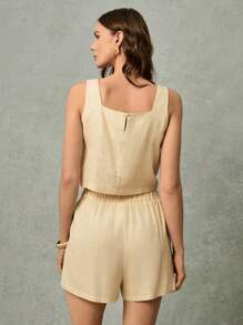 SHEIN Frenchy 前扣背心夹克和短裤，宽松版型，度假套装，轻松时尚，亚麻混纺面料两件套短裤亚麻短裤女士亚麻服装短裤休闲女士连衣裙茶会服装工装短裤办公室服装 - 杏色 - 查看 5