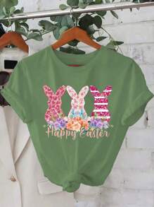 Calvaya 复活节快乐闪光彩色花朵和兔子印花休闲套头圆领短袖 T 恤女士 - 橄欖綠 - 查看 1