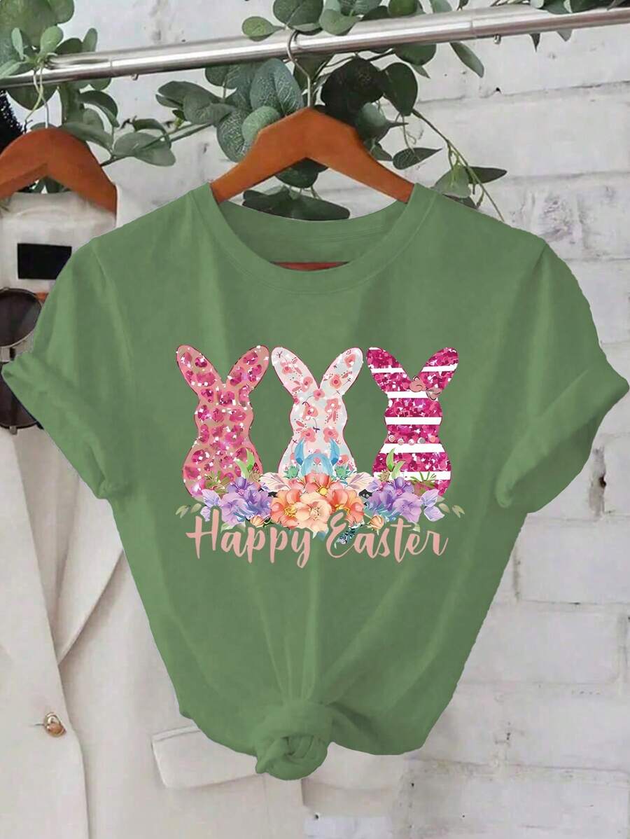 Calvaya 复活节快乐闪光彩色花朵和兔子印花休闲套头圆领短袖 T 恤女士 - 橄欖綠 - 查看 1