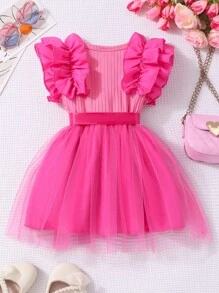 Glamorique Kids Đầm công chúa cổ tròn tay bo bèo lưới gân cho bé gái kèm thắt lưng, đa năng cho mùa hè - Màu Hồng Tươi - Xem 2