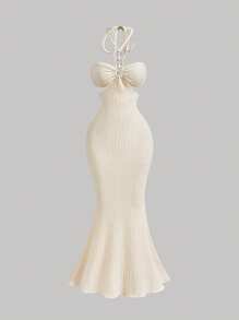 SHEIN MOD 女士杏色 V 领长款卡夫坦连衣裙，海滩度假