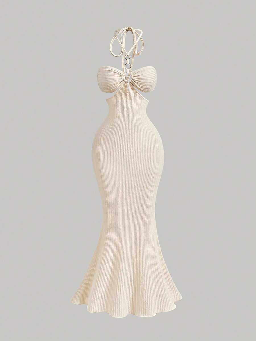 SHEIN MOD 女士杏色 V 领长款卡夫坦连衣裙，海滩度假