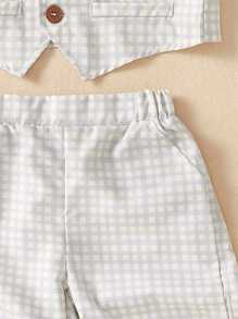 SHEIN 2pcs/Set Toddler Boys' Summer Blue Plaid Button Decor Fake Pocket Vest And Plaid Shorts, Casual Outfit