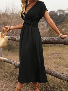 EMERY ROSE Kvinnors vår och sommar Boho-stil Semester Fritidsveckad midja samlad vriden rygg midja volang keps ärm A-linje midiklänning - Svart - Visa 4