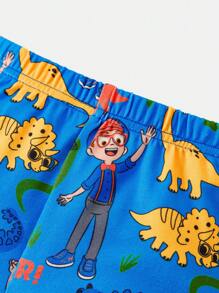 Blippi X SHEIN Jeune garçon Ensemble short et t-shirt manches courtes décontracté confortable pyjama imprimé dinosaure bleu mignon