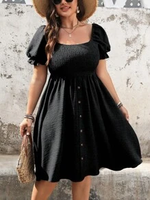 EMERY ROSE Vestido de talla grande para mujer con mangas abombadas, decoración de botones frontales y unicolor