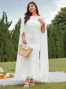 SHEIN Belle Abito da donna taglie forti in 2 pezzi, con jacquard, senza spalline, con scialle, elegante per matrimoni primaverili e feste