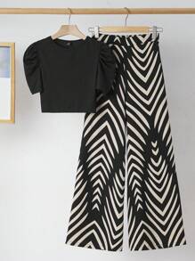 SHEIN Clasi Classic Women Crew Neck Ribbed Cropped Top & Wide Leg Pants, Navy Co-Ord Set With Print, Spring/Summer Vacation & Daily Elegant - Black - View 2