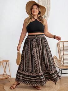 SHEIN CURVE+ Jupe évasée A-Line avec patchwork rayé à nouer à la taille, convient pour les vacances d'été à la plage en mode bohème