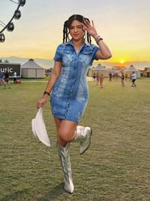 SHEIN EZwear فستان جينز أزرق ضيق مثير من النساء، ذو أكمام قصيرة، ملابس مهرجان - أزرق متوسط - مشاهدة 3