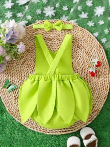 SHEIN 女婴绿色可调节肩带亮片印花连体衣和紫色高腰碎花荷叶边半裙套装，夏季